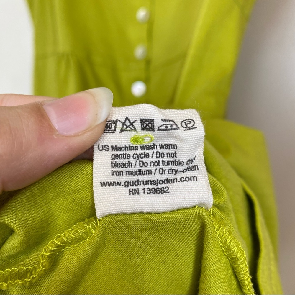 GUDRUN SJODEN Sleeveless Button Front Cotton Mini Dress Lime Green Sz Small - Picture 10 of 10